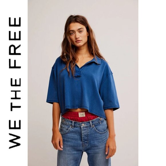 Free People | We The Free | Denmark Polo Top in Bellweather Blue | XL - Picture 2 of 6